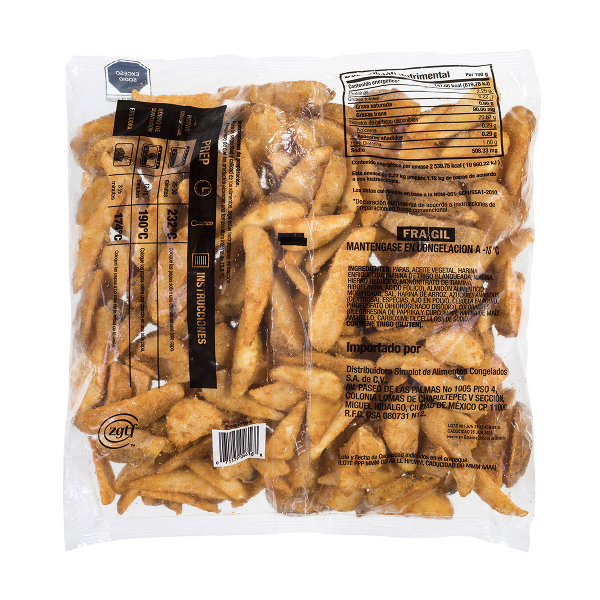 Simplot SeasonedCRISP Fries Gajo corte recto con cobertura sazonada de 10 cortes, con cáscara, Reverso del paquete