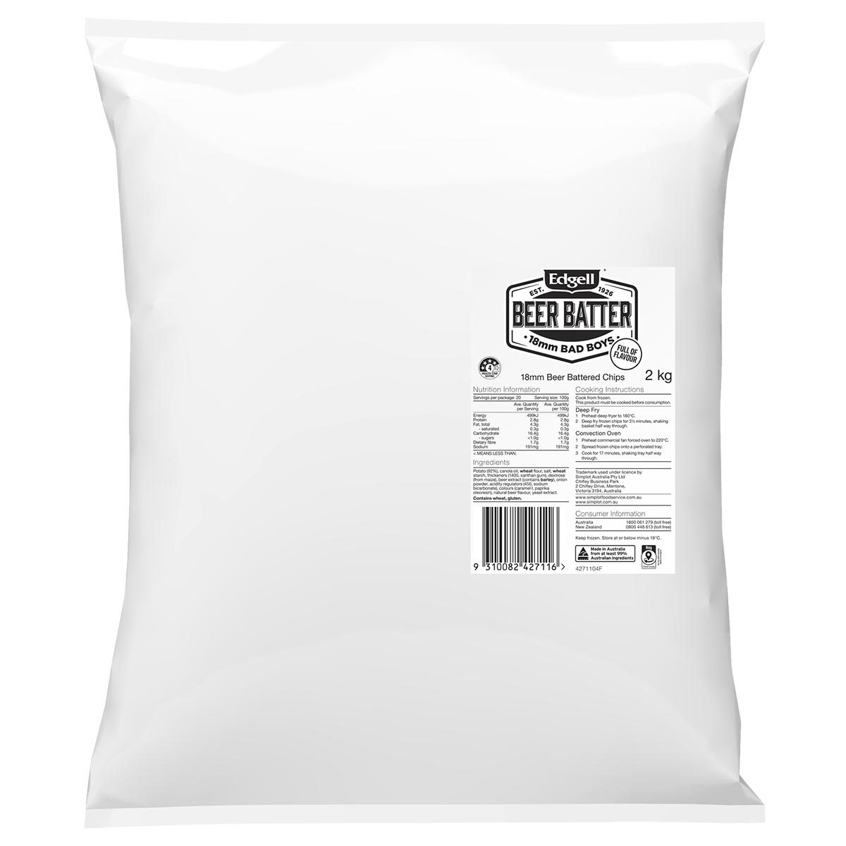 Edgell® Beer Battered 18mm x 18mm Bad Boys® Chips, Front Innerpack